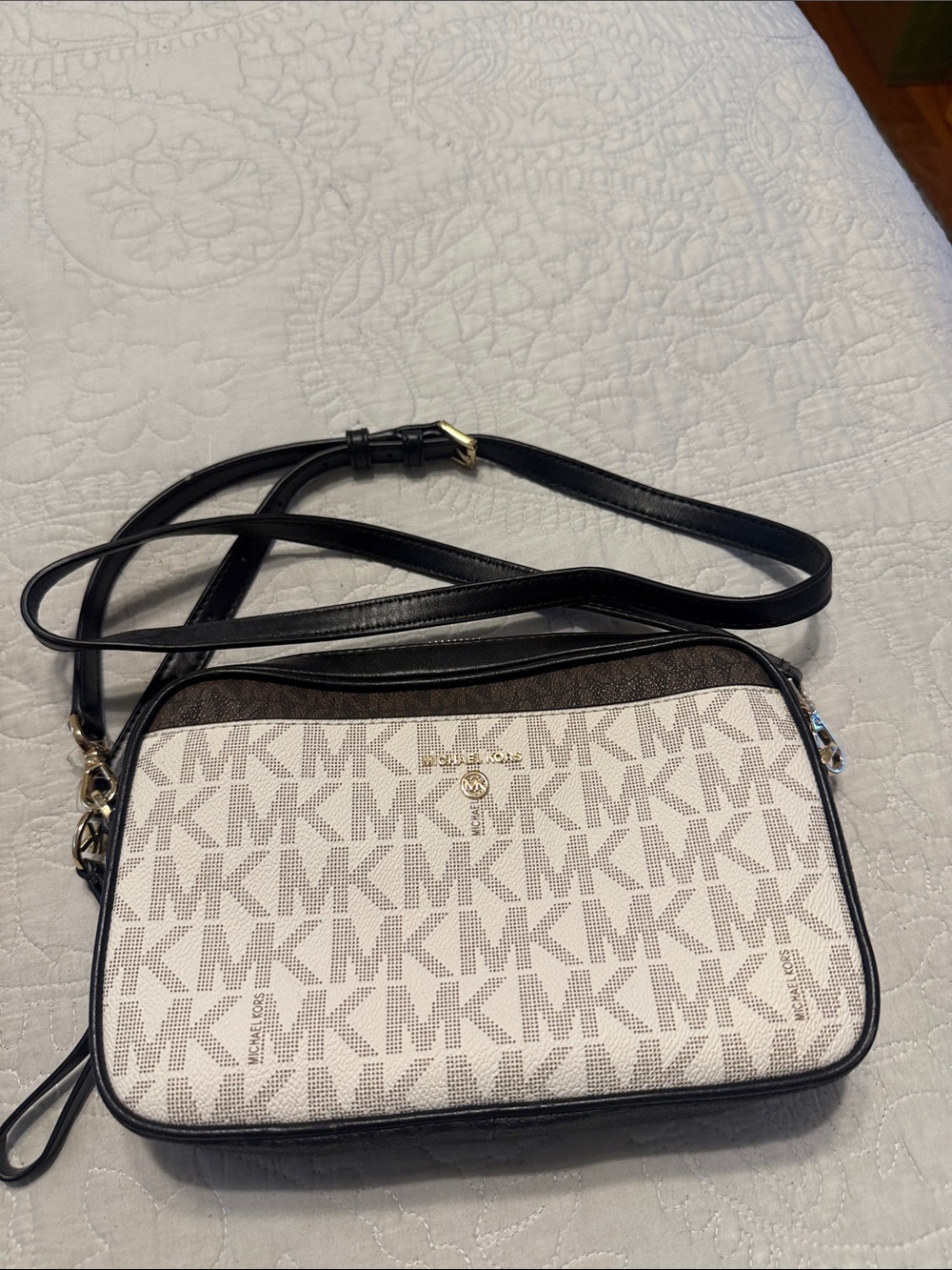 Michael Kors White and Black Signature MK Crossbody Bag